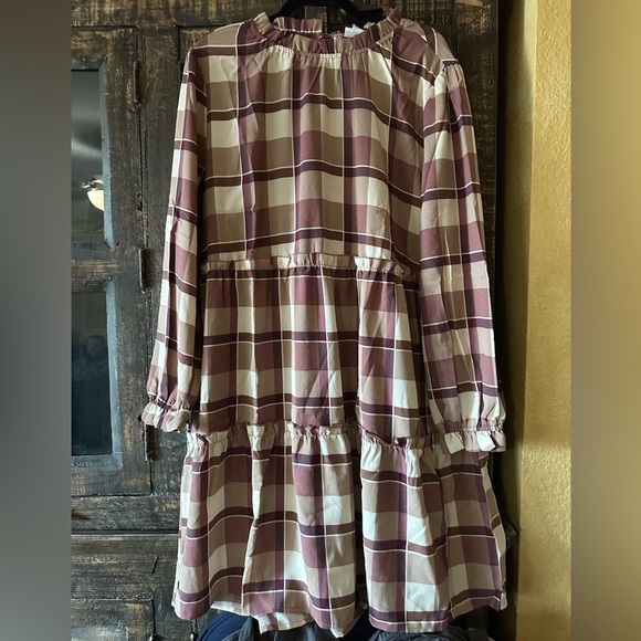 NWT LuLaRoe XL Annabelle Ruffle Tiered Dress Brown Tan Wine Plaid - Picture 1 of 8